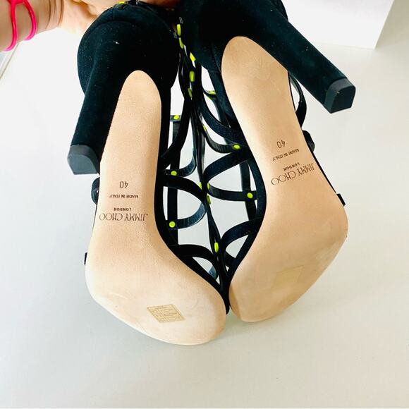 NEW JIMMY CHOO Black Neon Yellow Studded Tina Caged Heel Stiletto Sandals 40 10 - Picture 6 of 16